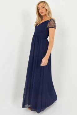 Navy Wrap Embellished Maxi Dress -Dazzle Dresses 00100023194 XS