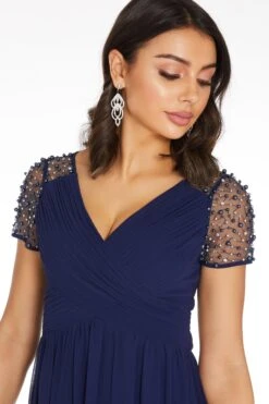 Navy Wrap Embellished Maxi Dress -Dazzle Dresses 00100023194 ZS