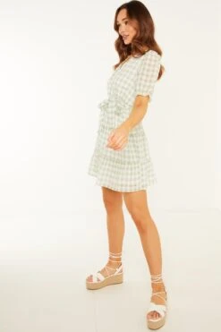 Sage Gingham Wrap Skater Dress -Dazzle Dresses 00100029429 XS