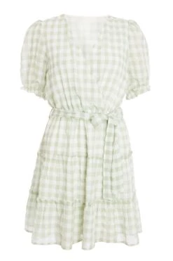 Sage Gingham Wrap Skater Dress