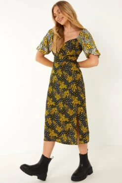 Black Floral Midi Dress -Dazzle Dresses 00100030991 XS