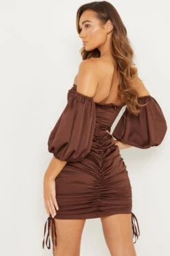 Brown Satin Bardot Bodycon Dress -Dazzle Dresses 00100031765 XB