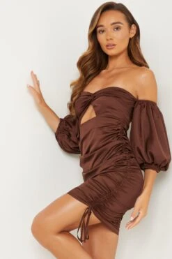 Brown Satin Bardot Bodycon Dress -Dazzle Dresses 00100031765 XS