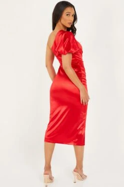 Red Satin One Shoulder Midi Dress -Dazzle Dresses 00100032396 XB