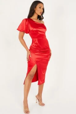 Red Satin One Shoulder Midi Dress -Dazzle Dresses 00100032396 XS