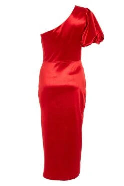 Red Satin One Shoulder Midi Dress -Dazzle Dresses 00100032396 ZB