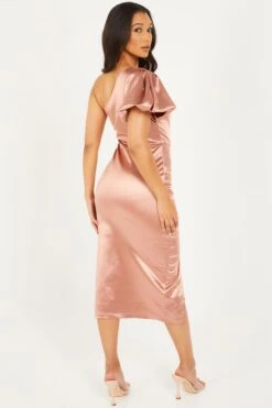 Rose Gold Satin One Shoulder Midi Dress -Dazzle Dresses 00100032397 XB