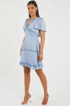 Blue Satin Smock Mini Dress -Dazzle Dresses 00100032551 XS