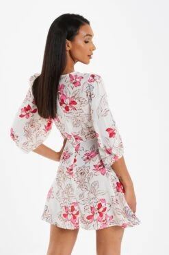 Pink Floral Satin Skater Dress -Dazzle Dresses 00100032766 XB