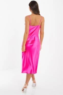 Hot Pink Satin Slip Midi Dress -Dazzle Dresses 00100033377 XB