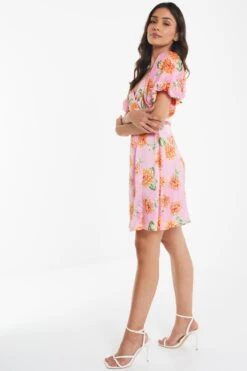 Pink Floral Satin Mini Skater Dress -Dazzle Dresses 00100034029 XS