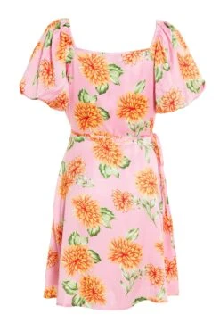 Pink Floral Satin Mini Skater Dress -Dazzle Dresses 00100034029 ZB