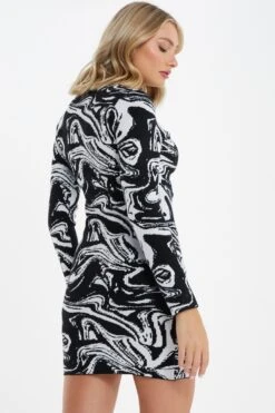 Black Marble Print Mini Jumper Dress -Dazzle Dresses 00100034803 XB