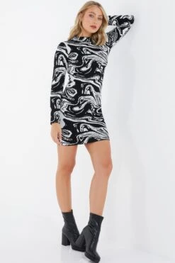 Black Marble Print Mini Jumper Dress -Dazzle Dresses 00100034803 XS