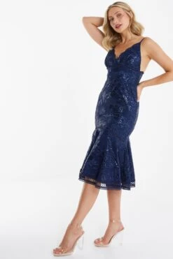 Navy Sequin Lace Midi Dress -Dazzle Dresses 00100034965 XS