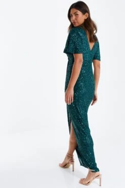 Green Sequin Batwing Maxi Dress -Dazzle Dresses 00100035142 XB