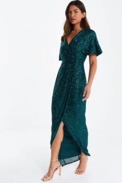 Green Sequin Batwing Maxi Dress -Dazzle Dresses 00100035142 XS
