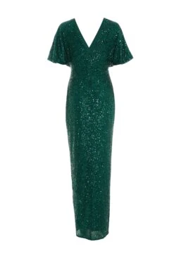 Green Sequin Batwing Maxi Dress -Dazzle Dresses 00100035142 ZB