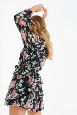 Black Floral Tiered Skater Dress 8 Black Floral Tiered Skater Dress -Dazzle Dresses 00100035157 XB
