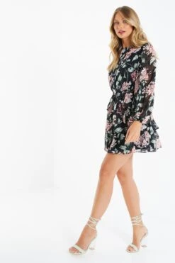 Black Floral Tiered Skater Dress 9 Black Floral Tiered Skater Dress -Dazzle Dresses 00100035157 XS