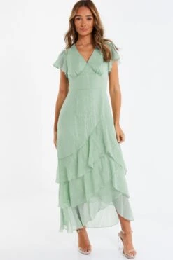 Sage Metallic Chiffon Tiered Maxi Dress