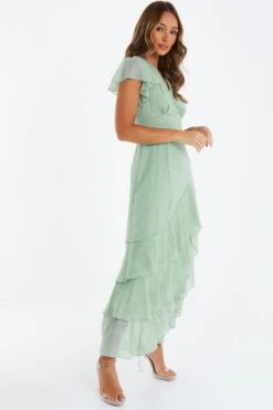 Sage Metallic Chiffon Tiered Maxi Dress -Dazzle Dresses 00100035474 XS