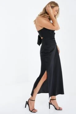 Black Satin Tie Back Midi Dress -Dazzle Dresses 00100035653 XS