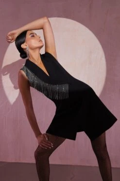 Black Diamante Mini Blazer Dress -Dazzle Dresses 00100035723 XS
