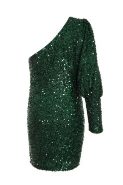 Bottle Green Sequin One Shoulder Mini Dress -Dazzle Dresses 00100035761 ZB