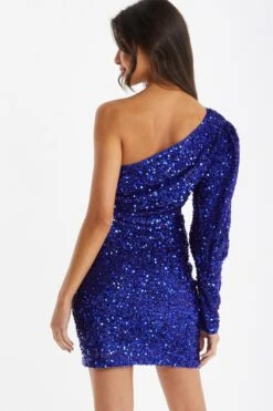Royal Blue Sequin One Shoulder Mini Dress -Dazzle Dresses 00100035762 XB
