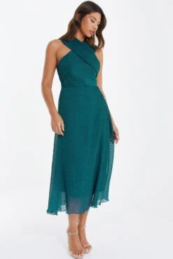 Teal Chiffon Crinkle Halter Neck Midi Dress -Dazzle Dresses 00100035778 XS
