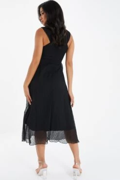 Black Chiffon Crinkle Halter Neck Midi Dress -Dazzle Dresses 00100035779 XB