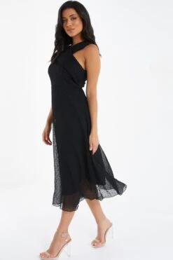 Black Chiffon Crinkle Halter Neck Midi Dress -Dazzle Dresses 00100035779 XS