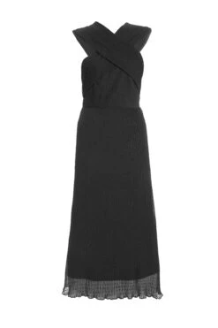 Black Chiffon Crinkle Halter Neck Midi Dress