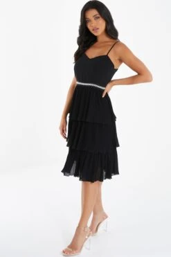 Black Chiffon Embellished Tiered Midi Dress -Dazzle Dresses 00100035780 XS