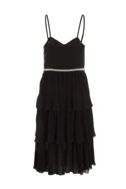 Black Chiffon Embellished Tiered Midi Dress -Dazzle Dresses 00100035780 ZB