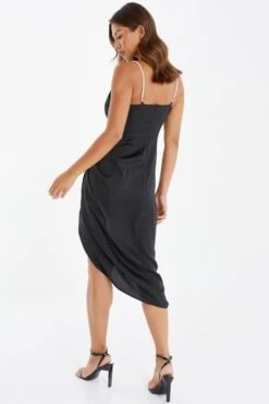 Black Satin Ruched Midi Dress -Dazzle Dresses 00100035851 XB