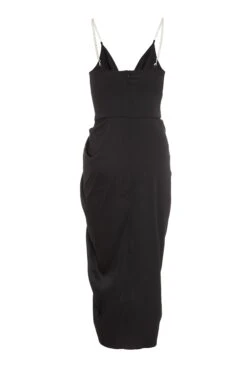 Black Satin Ruched Midi Dress -Dazzle Dresses 00100035851 ZB