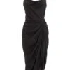 Black Satin Ruched Midi Dress