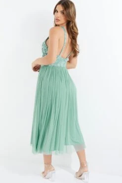 Green Sequin Tulle Midi Dress -Dazzle Dresses 00100035920 XB