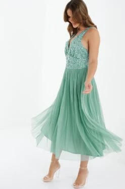 Green Sequin Tulle Midi Dress -Dazzle Dresses 00100035920 XS