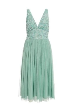 Green Sequin Tulle Midi Dress