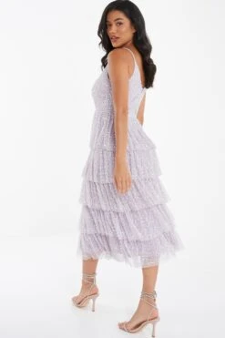 Lilac Sequin Tiered Midi Dress -Dazzle Dresses 00100035926 XB