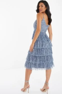 Blue Sequin Tiered Midi Dress -Dazzle Dresses 00100035928 XB