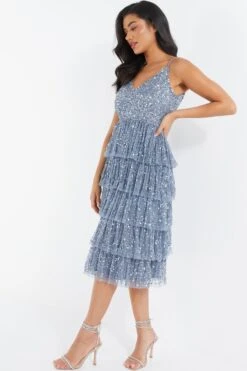 Blue Sequin Tiered Midi Dress -Dazzle Dresses 00100035928 XS