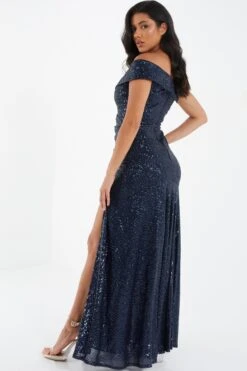 Navy Sequin Ruched Maxi Dress -Dazzle Dresses 00100035930 XB
