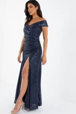 Navy Sequin Ruched Maxi Dress -Dazzle Dresses 00100035930 XS