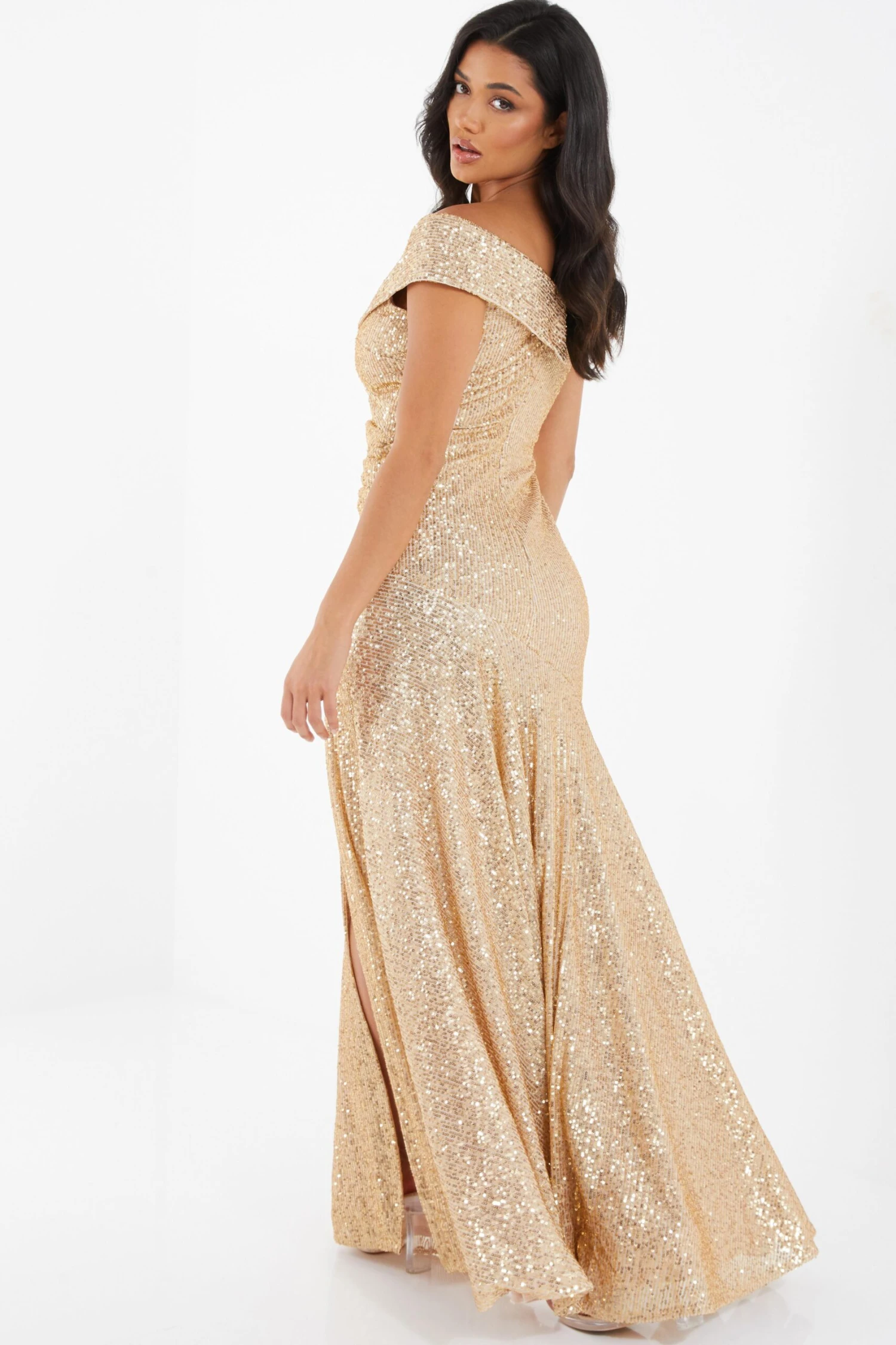 Gold Sequin Ruched Maxi Dress 3 Gold Sequin Ruched Maxi Dress - Image 3