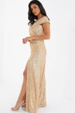 Gold Sequin Ruched Maxi Dress 9 Gold Sequin Ruched Maxi Dress -Dazzle Dresses 00100035932 XS