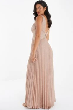 Nude Shimmer Pleated Maxi Dress -Dazzle Dresses 00100035934 XB